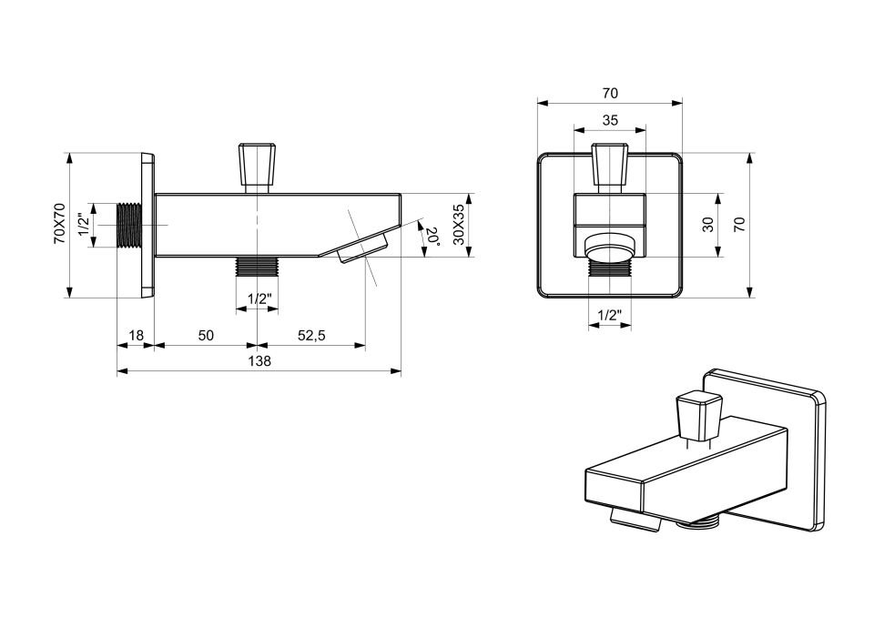Ayırıcılı Duş Çıkışı Gaga Kare Kısa Krom