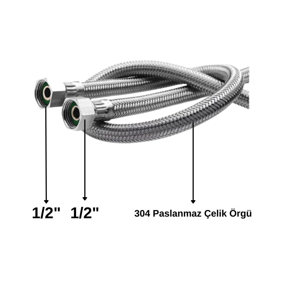 1/2'' x 1/2'' Flex Hortum TÜM ÖLÇÜLER (Paslanmaz Çelik Örgü)