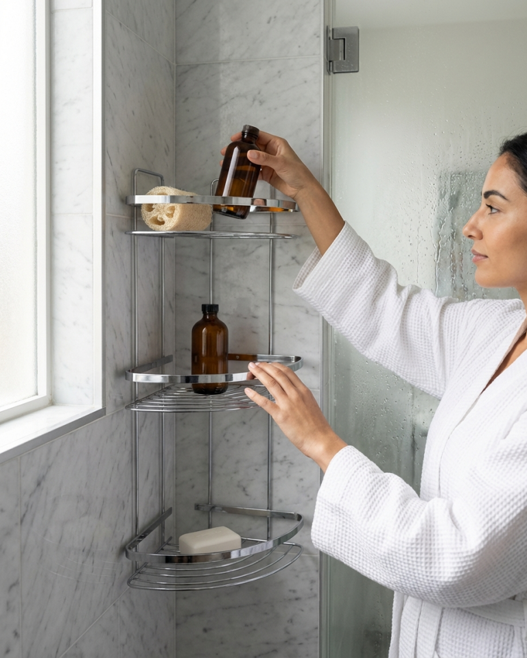 Paslanmaz Köşelik Üç Katlı Banyo Rafı